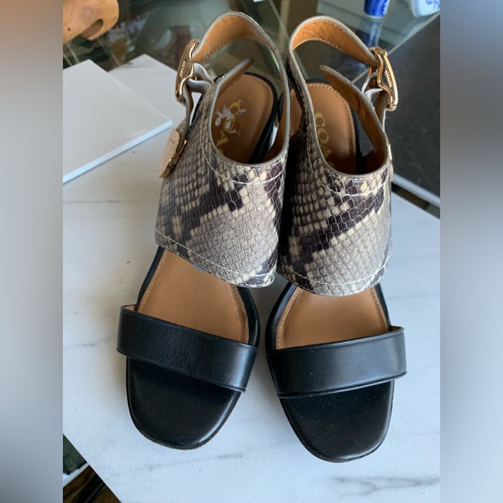 COACH BETSY MAT CALF/LUX SNAKE BLACK NATURAL SANDALS Open Toe Heels Sz 7 - Picture 7 of 10